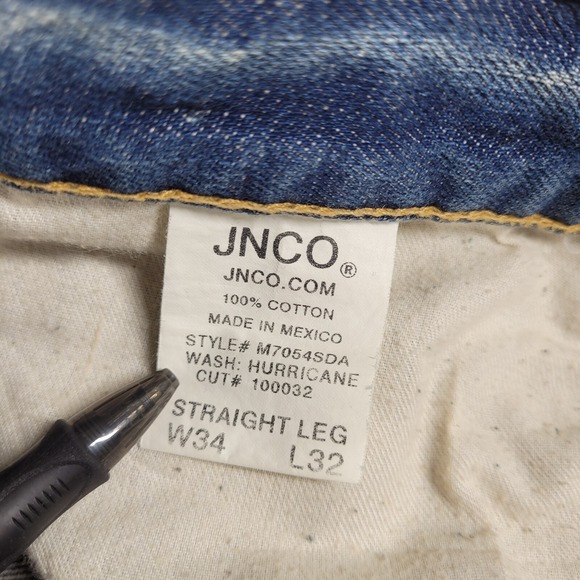 JNCO Jeans Women's 34x32 Blue Denim Straight Leg M7054SDA HOLE - Picture 9 of 12